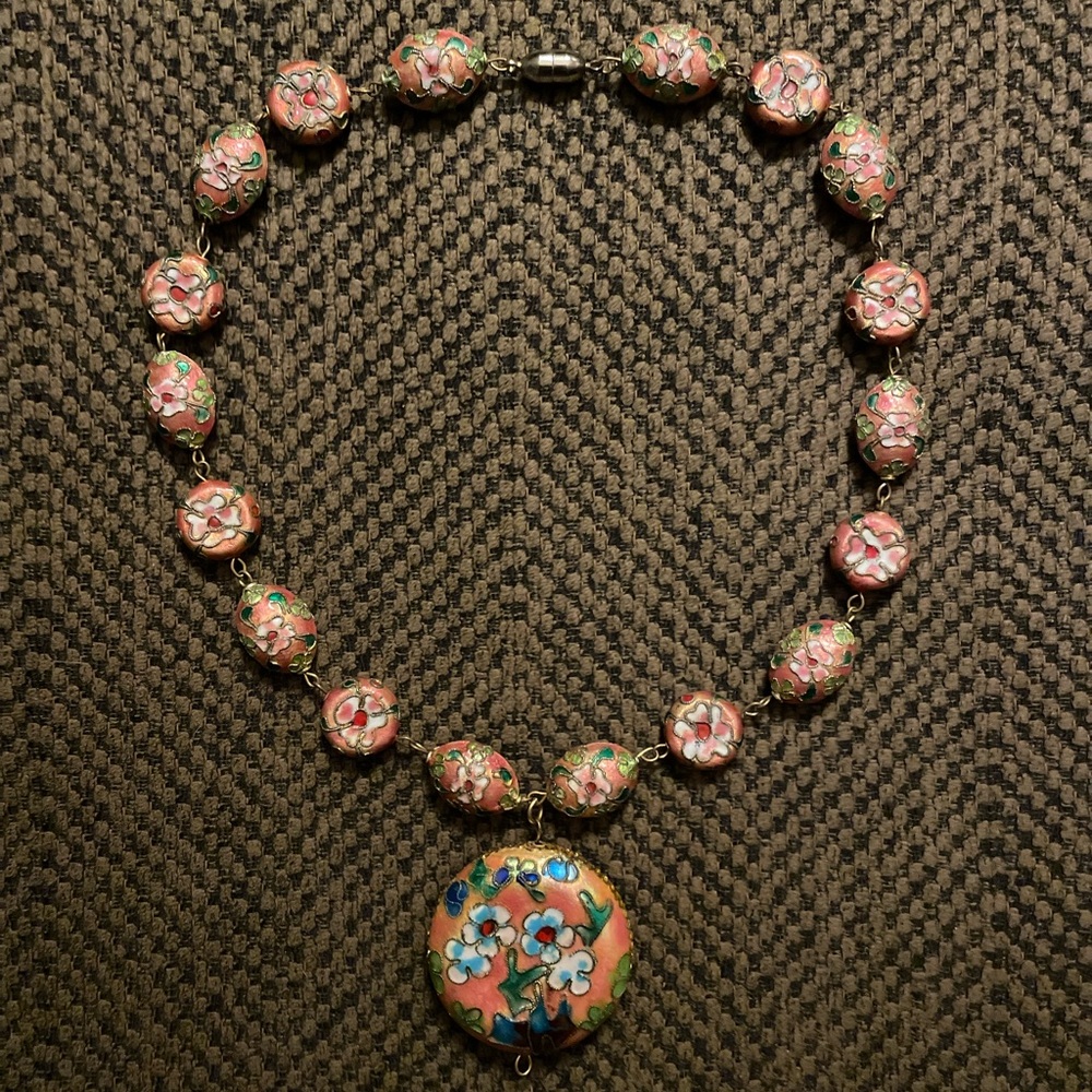 HP Pink Cloisonne Flower Necklace Cherry Blossoms 18”